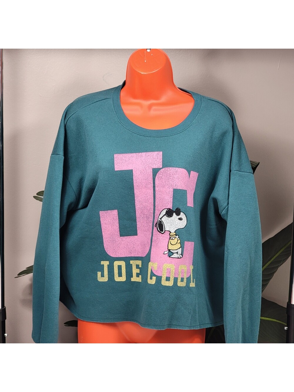 Retro Peanuts Snoopy Joe Cool Teal Cropped Sweatshirt Medium
